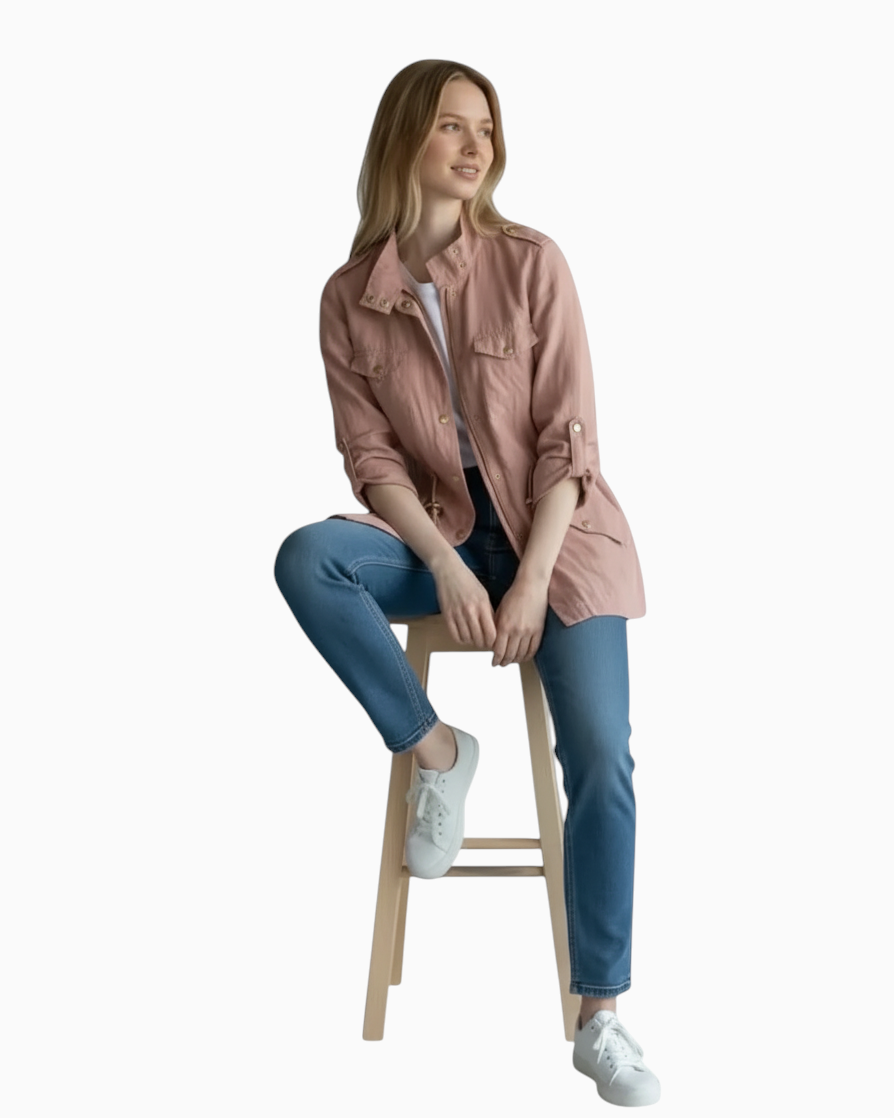 Thrift N Gift Zara lightweight pink utility jacket with gold buttons and drawstring waist worn by a seated model.