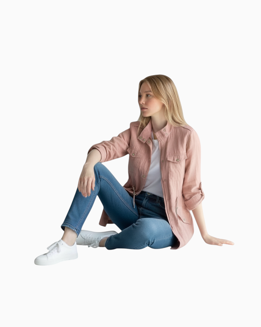 Thrift N Gift Zara lightweight pink utility jacket with gold hardware worn by a model with jeans and white sneakers.