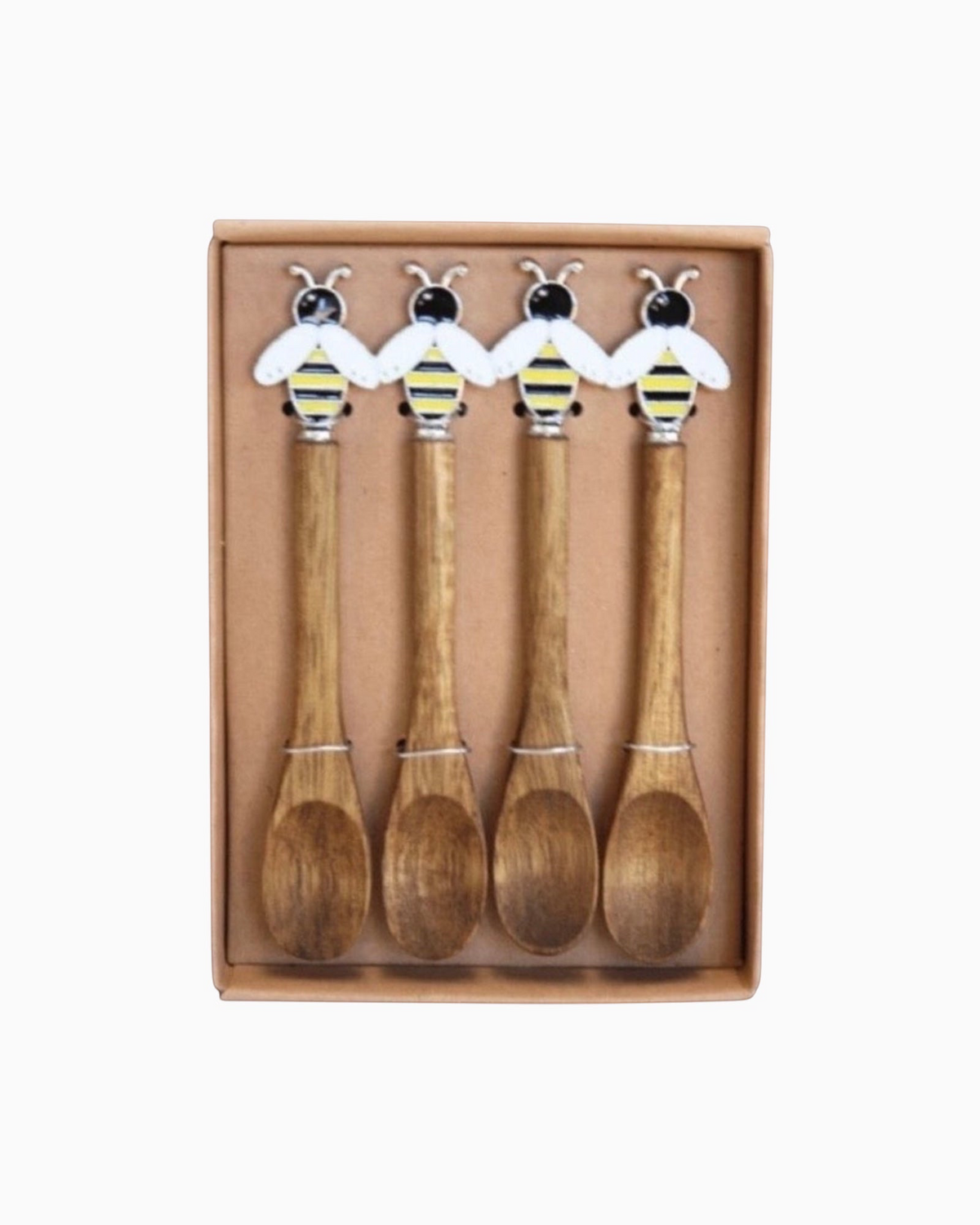 Thrift N Gift set of 4 acacia wood spoons with decorative bee handles in a gift box for serving condiments