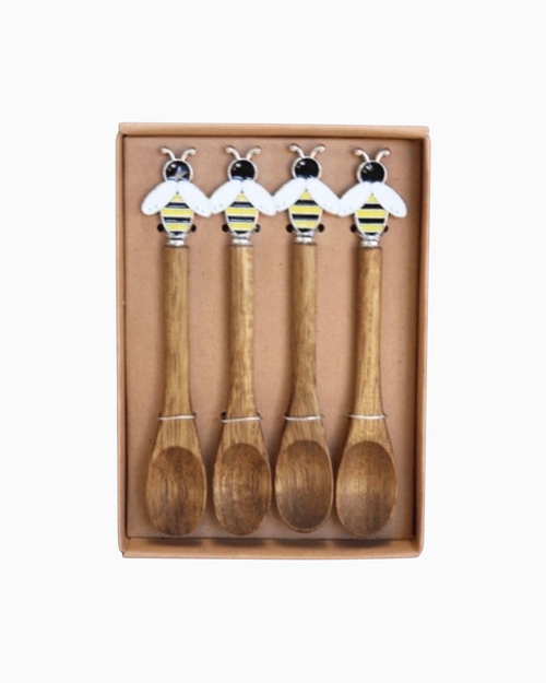 Thrift N Gift set of 4 acacia wood spoons with decorative bee handles in a gift box for serving condiments