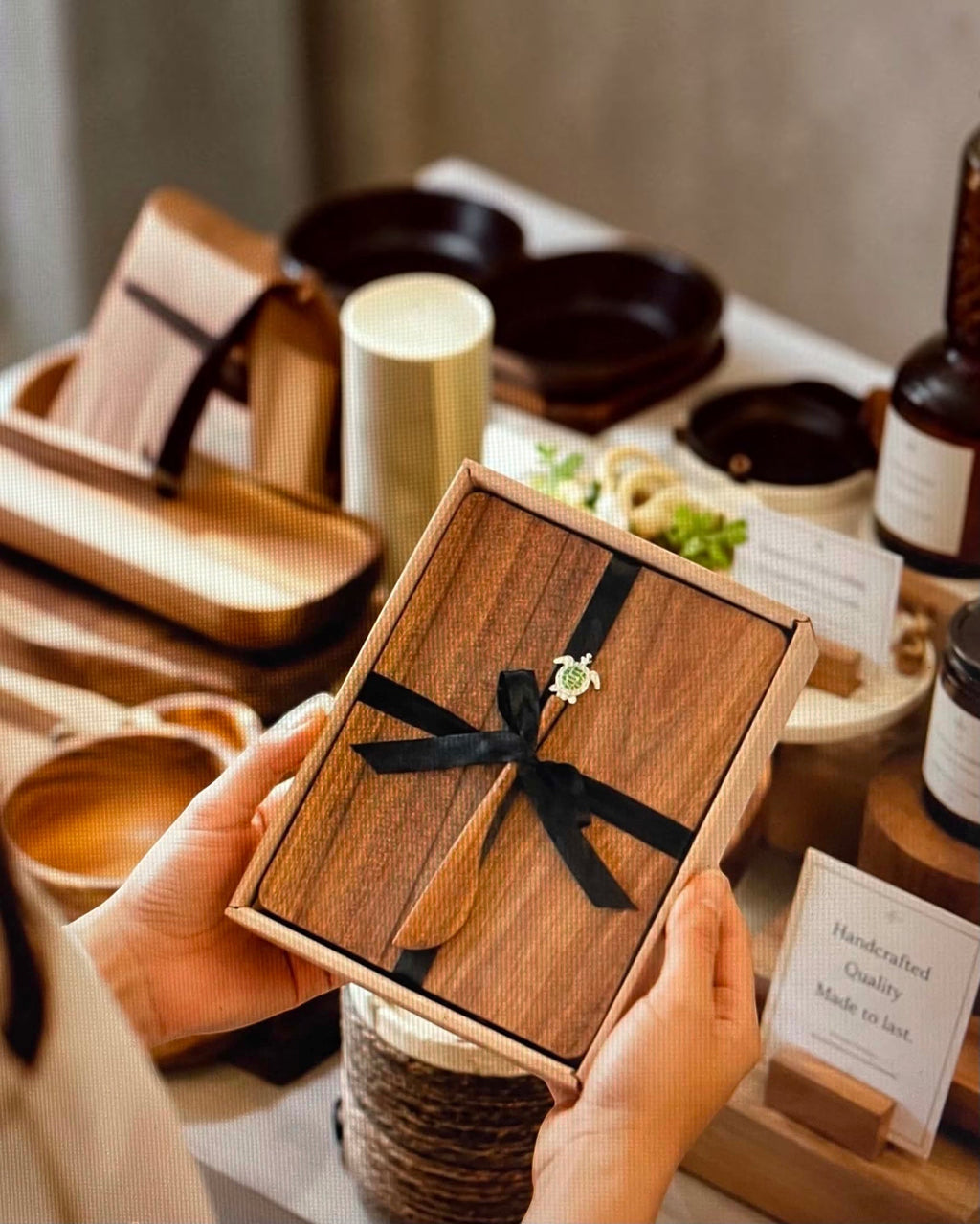 Thrift N Gift acacia wood cheeseboard and turtle spreader gift set in a presentation box with a black ribbon