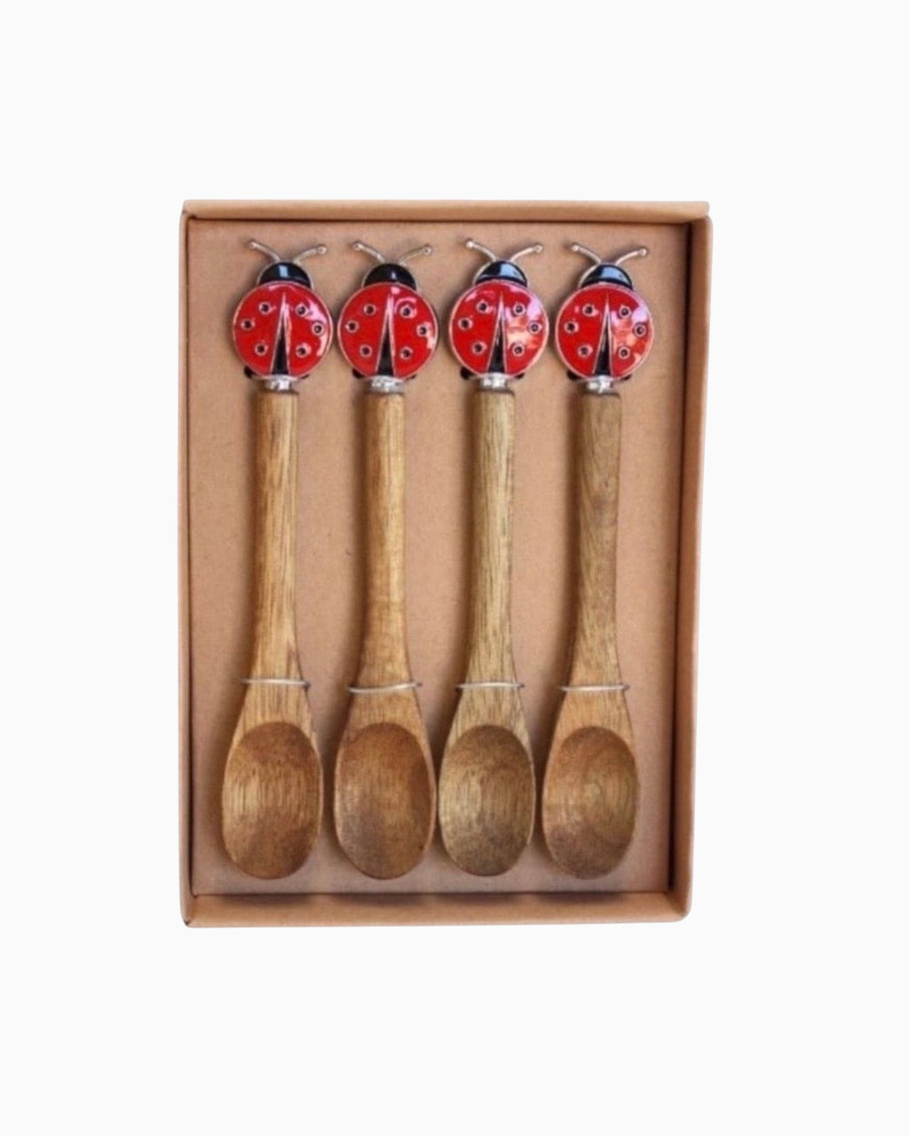 Thrift N Gift set of four acacia wood spoons with decorative red and black lady beetle handles in a gift box.