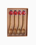 Thrift N Gift set of four acacia wood spoons with decorative red and black lady beetle handles in a gift box.