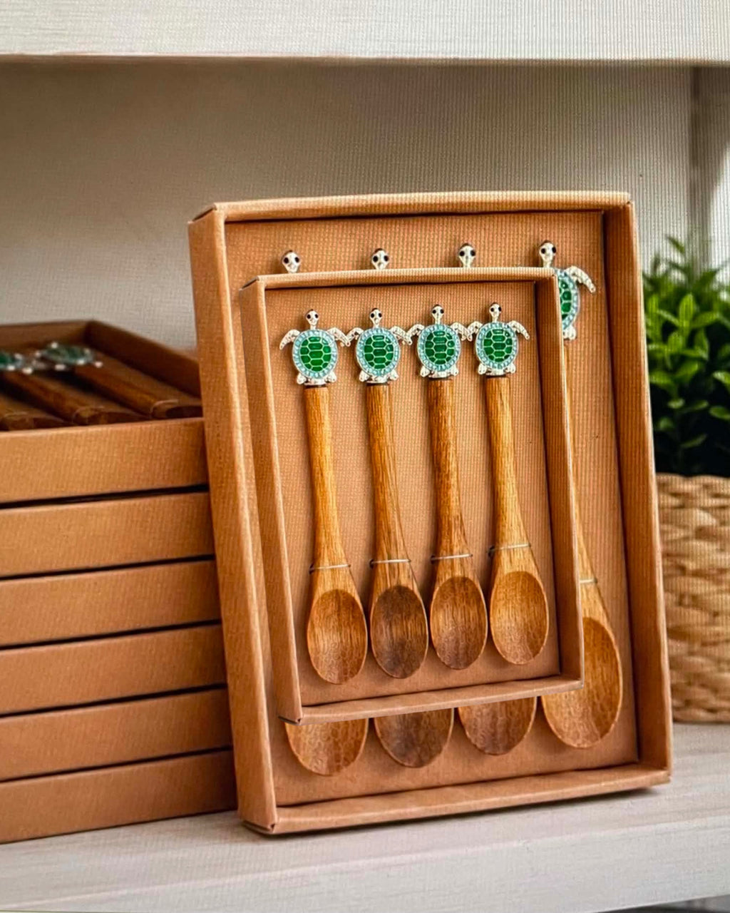 Thrift N Gift set of 4 acacia wood spoons with decorative green and silver turtle handles in a gift box
