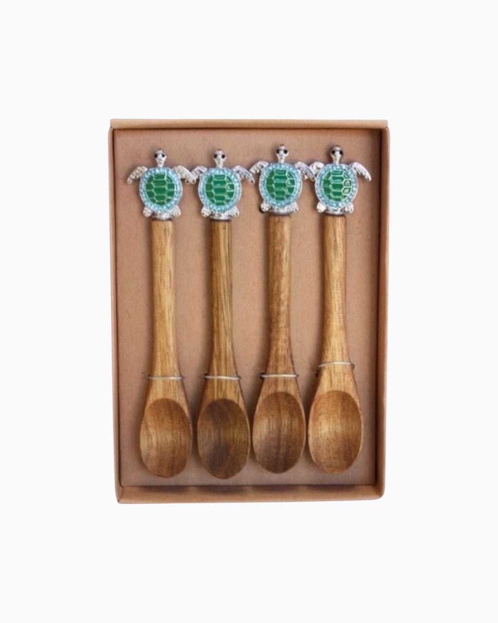 Thrift N Gift set of four acacia wood spoons with decorative green and silver turtle handles in a gift box