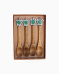 Thrift N Gift set of four acacia wood spoons with decorative green and silver turtle handles in a gift box