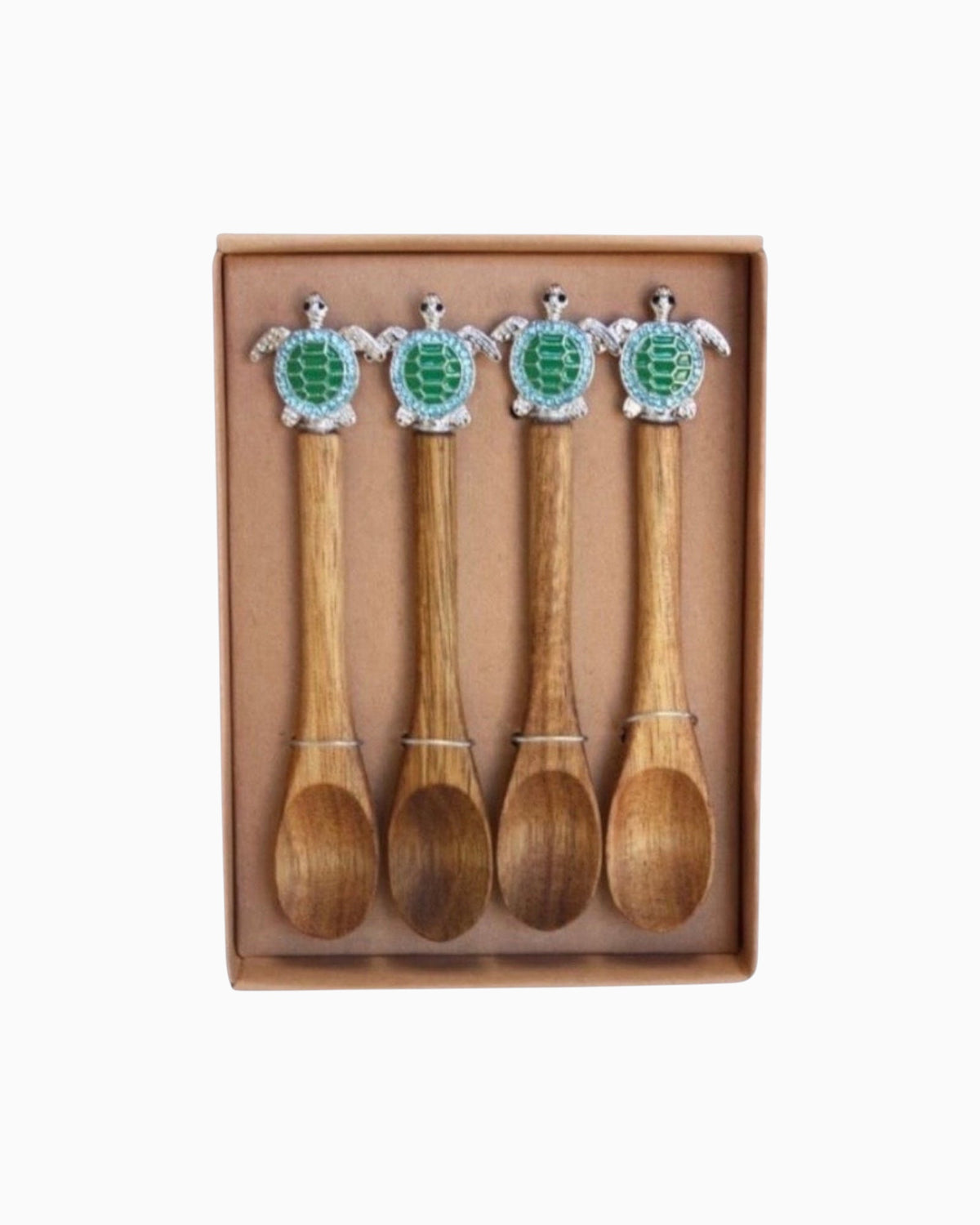 Thrift N Gift set of four acacia wood spoons with decorative green and silver turtle handles in a gift box
