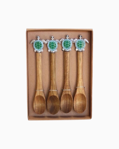 Thrift N Gift set of four acacia wood spoons with decorative green and silver turtle handles in a gift box