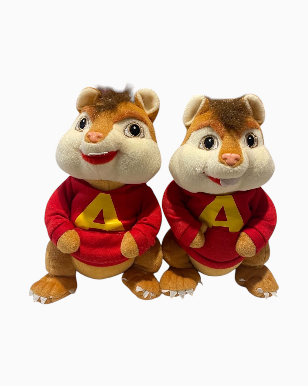 Thrift N Gift pair of Alvin plush toys wearing red hoodies with yellow A emblems and soft brown faux fur