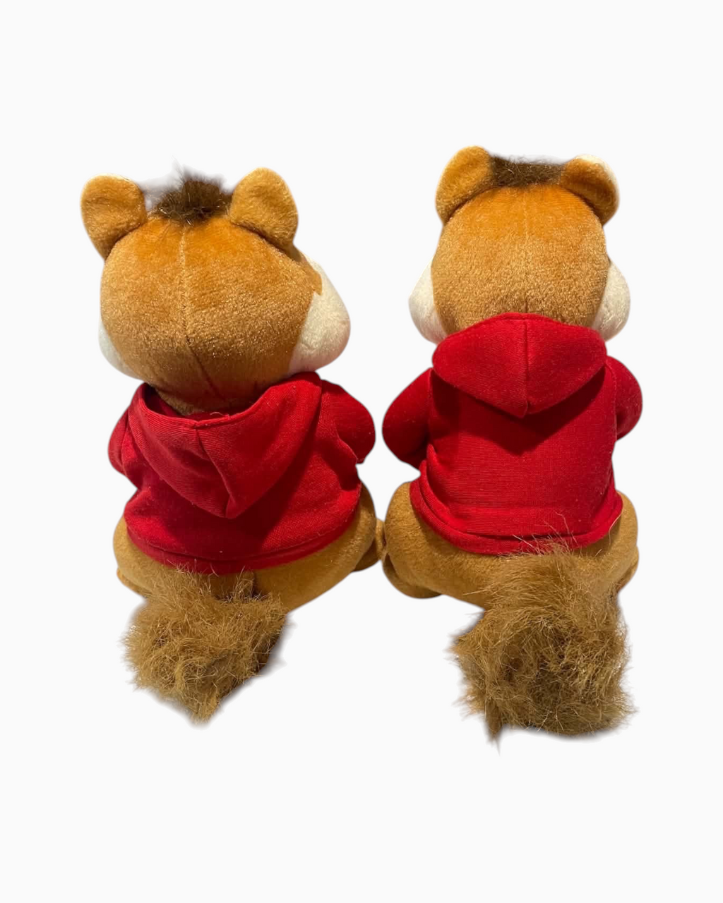 Thrift N Gift pair of Alvin and the Chipmunks plush toys wearing red hoodies, viewed from the back