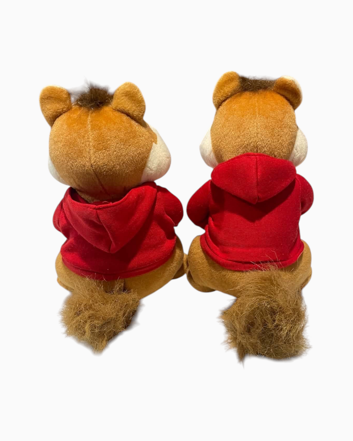 Thrift N Gift pair of Alvin and the Chipmunks plush toys wearing red hoodies, viewed from the back