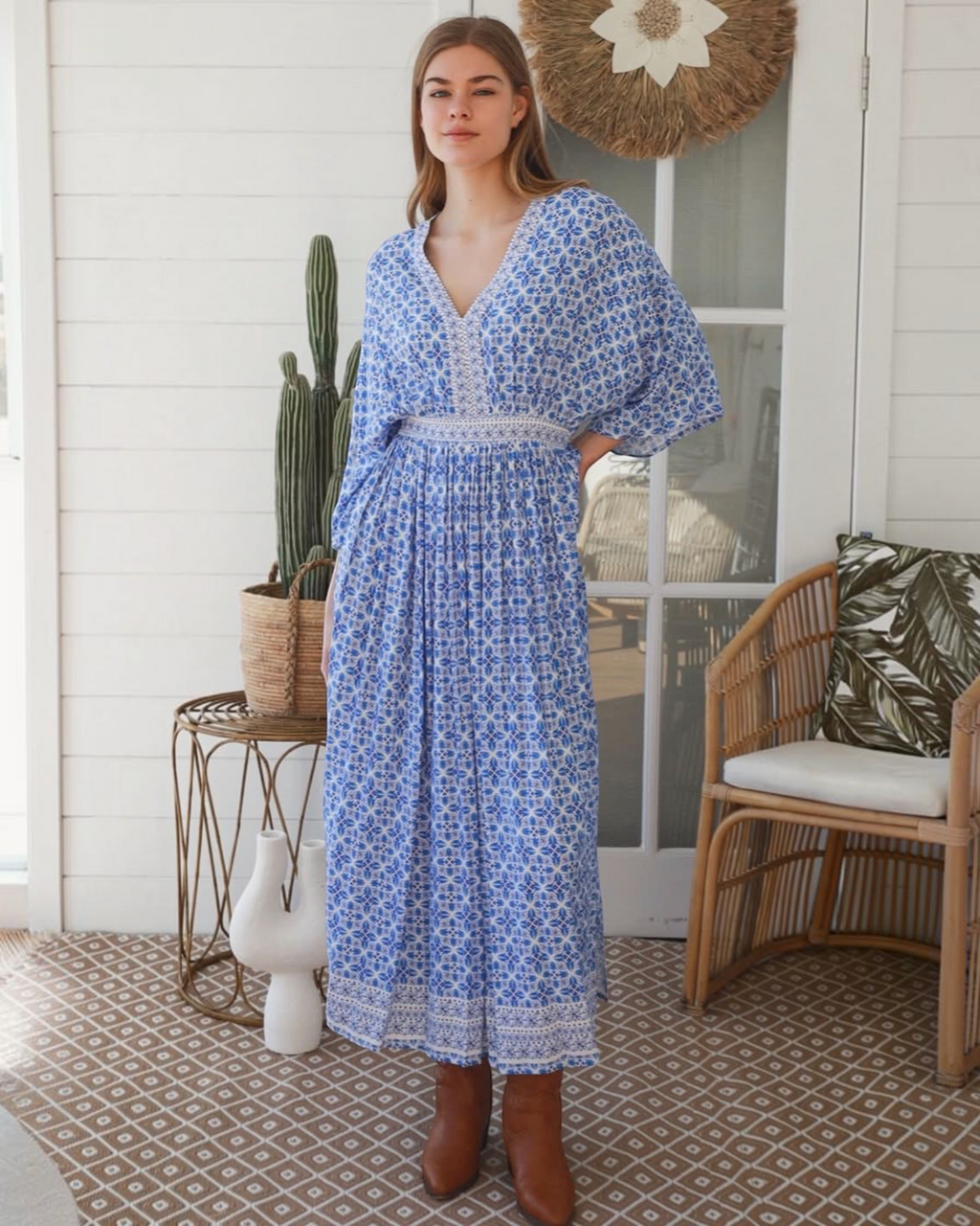 Thrift N Gift Dreamcatcher Micah bohemian maxi dress in blue and white geometric print with lace trim and wide sleeves