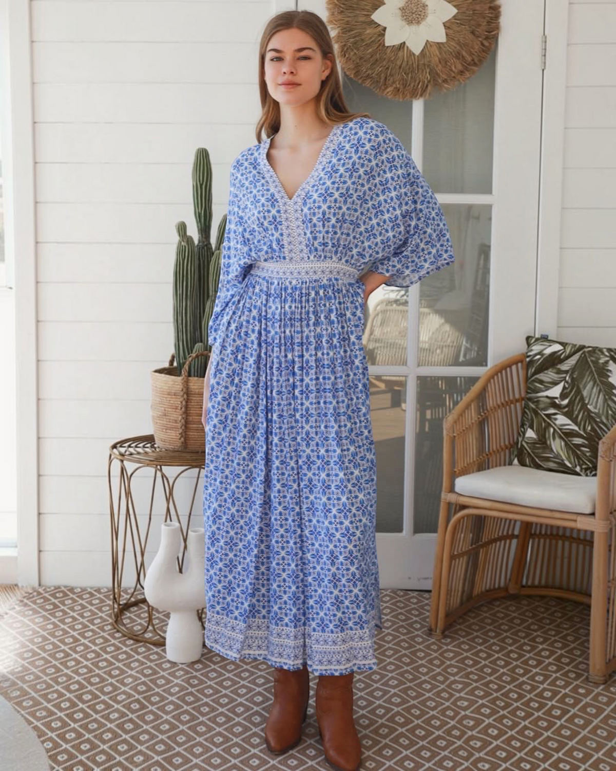 Thrift N Gift Dreamcatcher Micah bohemian maxi dress in blue and white geometric print with lace trim and wide sleeves