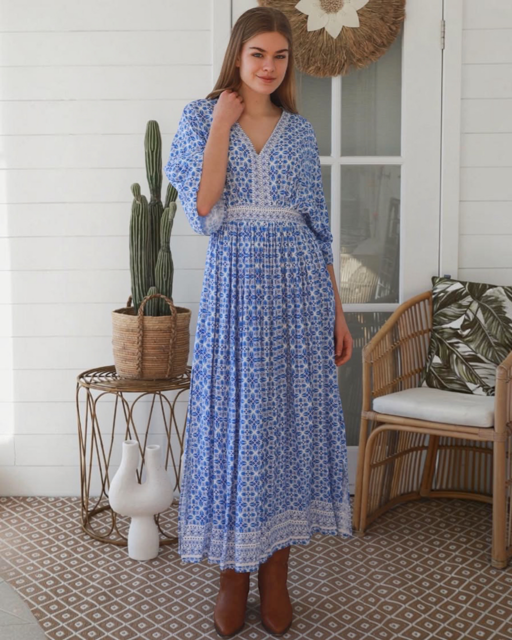 Thrift N Gift Dreamcatcher Micah bohemian maxi dress in blue and white geometric print with lace trim and wide sleeves