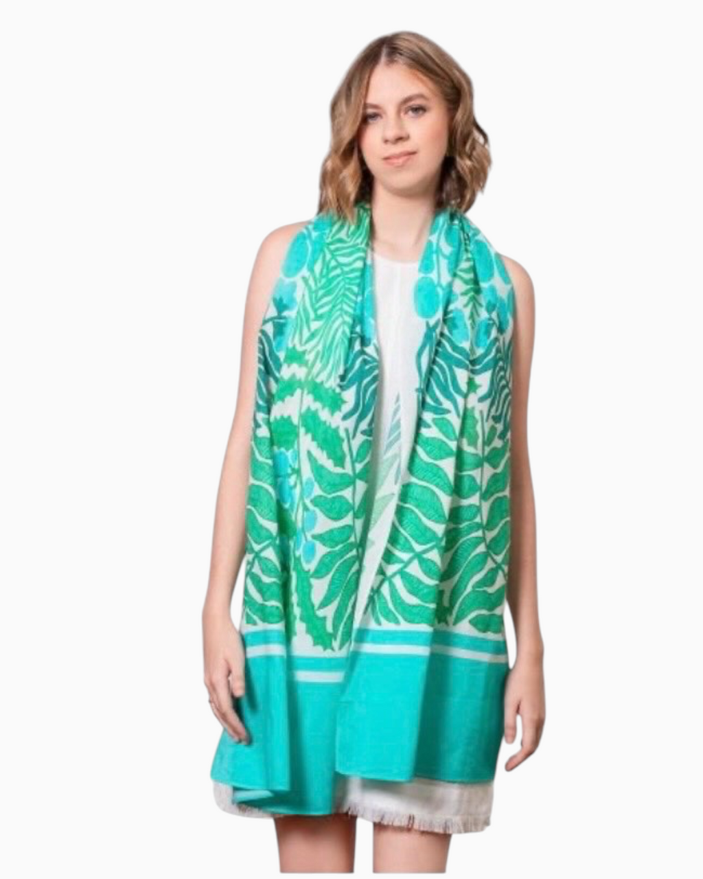 Thrift N Gift lightweight botanical print scarf in mint green, teal, and white draped over a model's shoulders.