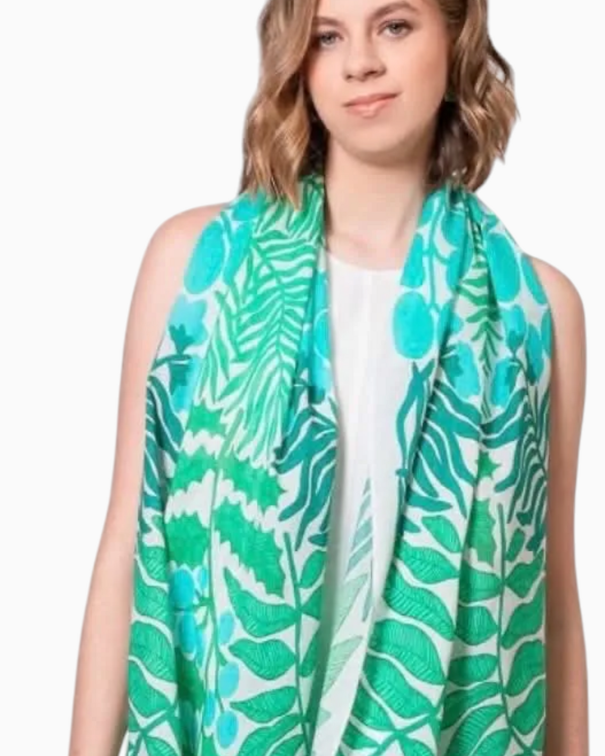 Thrift N Gift lightweight scarf featuring a botanical fern and leaf print in mint green, teal, and white on a model.