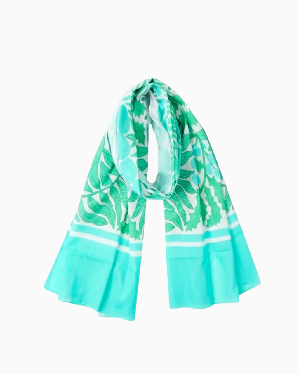 Thrift N Gift lightweight scarf featuring a botanical fern print in mint green, teal, and white on breathable fabric.
