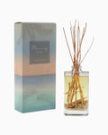 Thrift N Gift Bramble Bay Morning Mist reed diffuser with glass vessel, natural sand, seashells, and willow sticks.