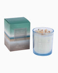 Thrift N Gift Bramble Bay soy candle in a blue glass jar with sea shells on top and matching decorative box.