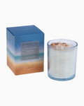 Thrift N Gift Bramble Bay Summer Days soy candle in a blue glass jar topped with authentic sea shells and gift box.