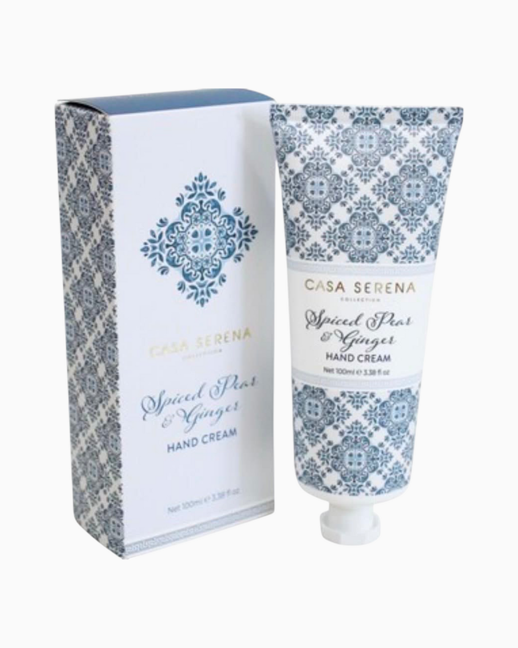 Thrift N Gift Casa Serena Spiced Pear & Ginger hand cream tube and matching box with blue and white floral pattern.
