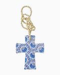 Thrift N Gift ceramic cross with blue and white chintz floral pattern and hanging cream beads