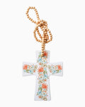 Thrift N Gift Lavida ceramic garden cross with colourful floral print and hanging wooden beads