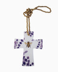 Thrift N Gift ceramic cross featuring a lavender and bee print with decorative hanging wooden beads.