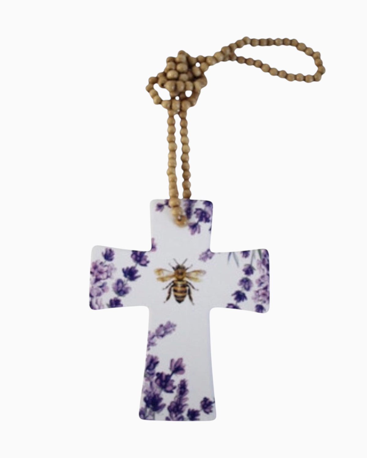 Thrift N Gift ceramic cross featuring a lavender and bee print with decorative hanging wooden beads.
