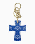 Thrift N Gift ceramic cross in blue and white with a lotus print and hanging wooden beads for wall decor.