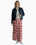 Thrift N Gift Cotton On red and cream crochet patchwork maxi skirt with drawstring waist worn by a model