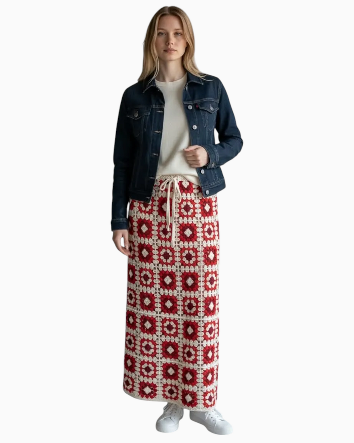Thrift N Gift Cotton On red and cream crochet patchwork maxi skirt with drawstring waist worn by a model
