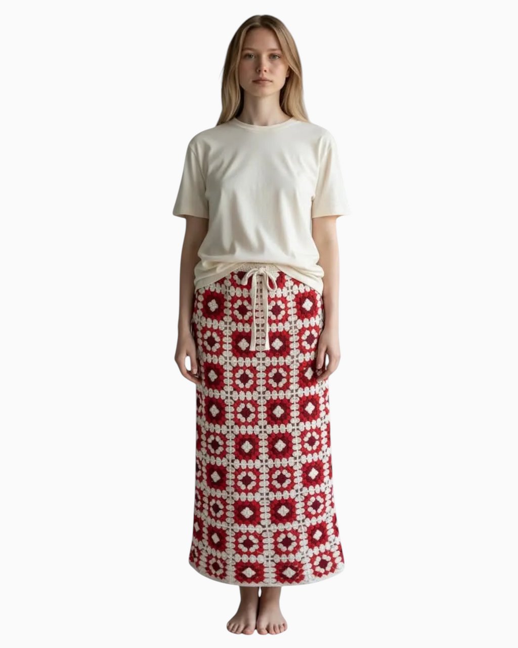 Thrift N Gift Cotton On red and cream crochet granny square boho maxi skirt with drawstring waist on a model