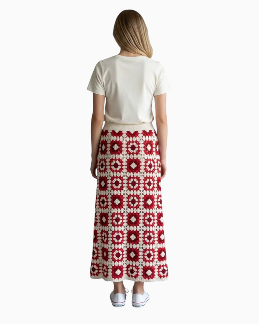 Thrift N Gift Cotton On red and cream crochet granny square maxi skirt worn by a model from the back view