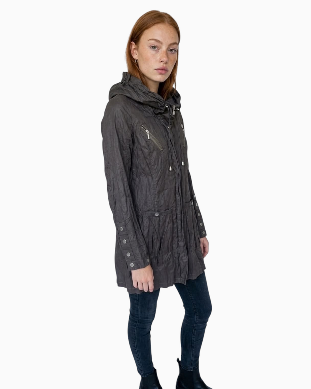 Model wearing a Thrift N Gift dark grey lightweight hooded utility parka with zip pockets and button-detail cuffs.