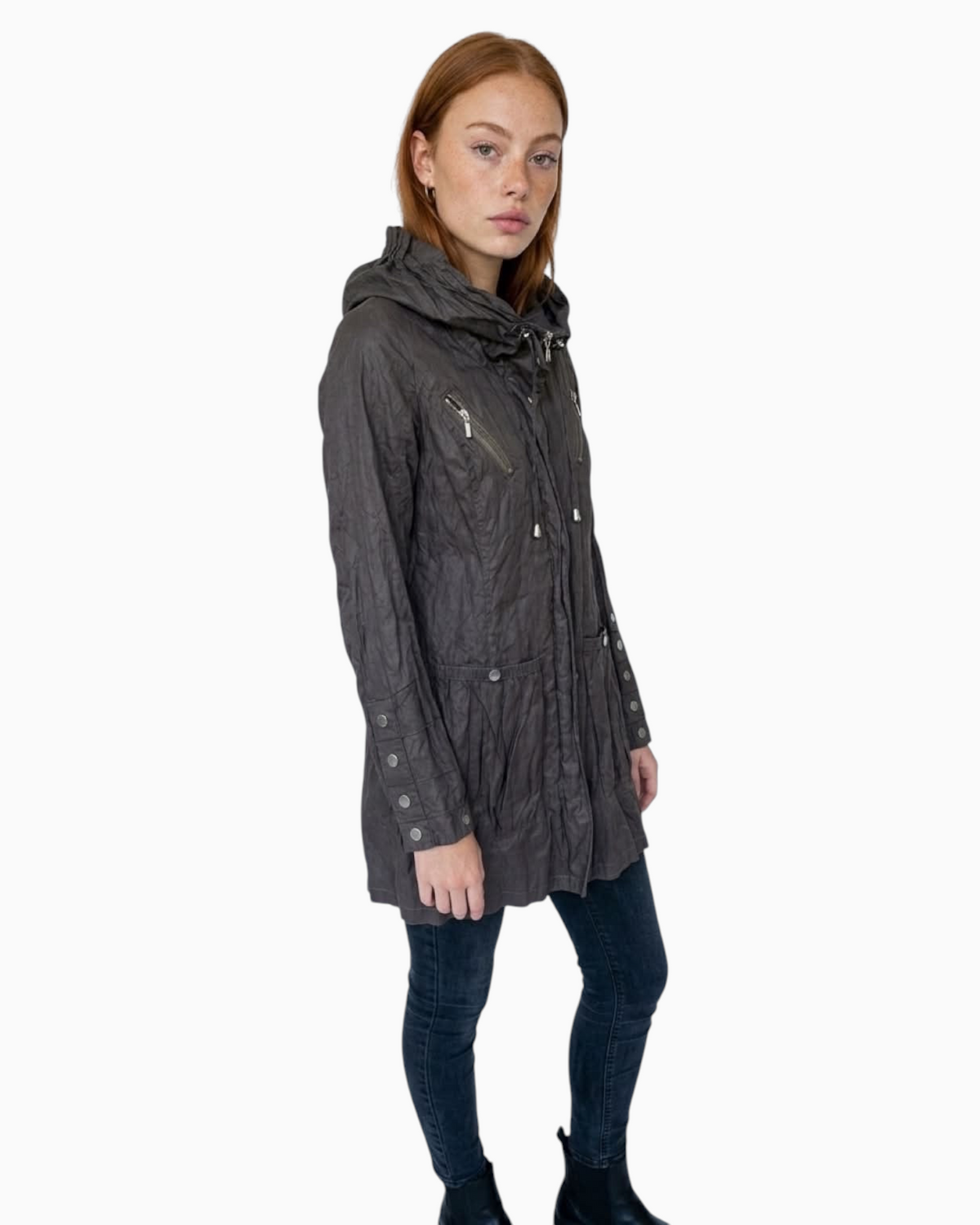Model wearing a Thrift N Gift dark grey lightweight hooded utility parka with zip pockets and button-detail cuffs.