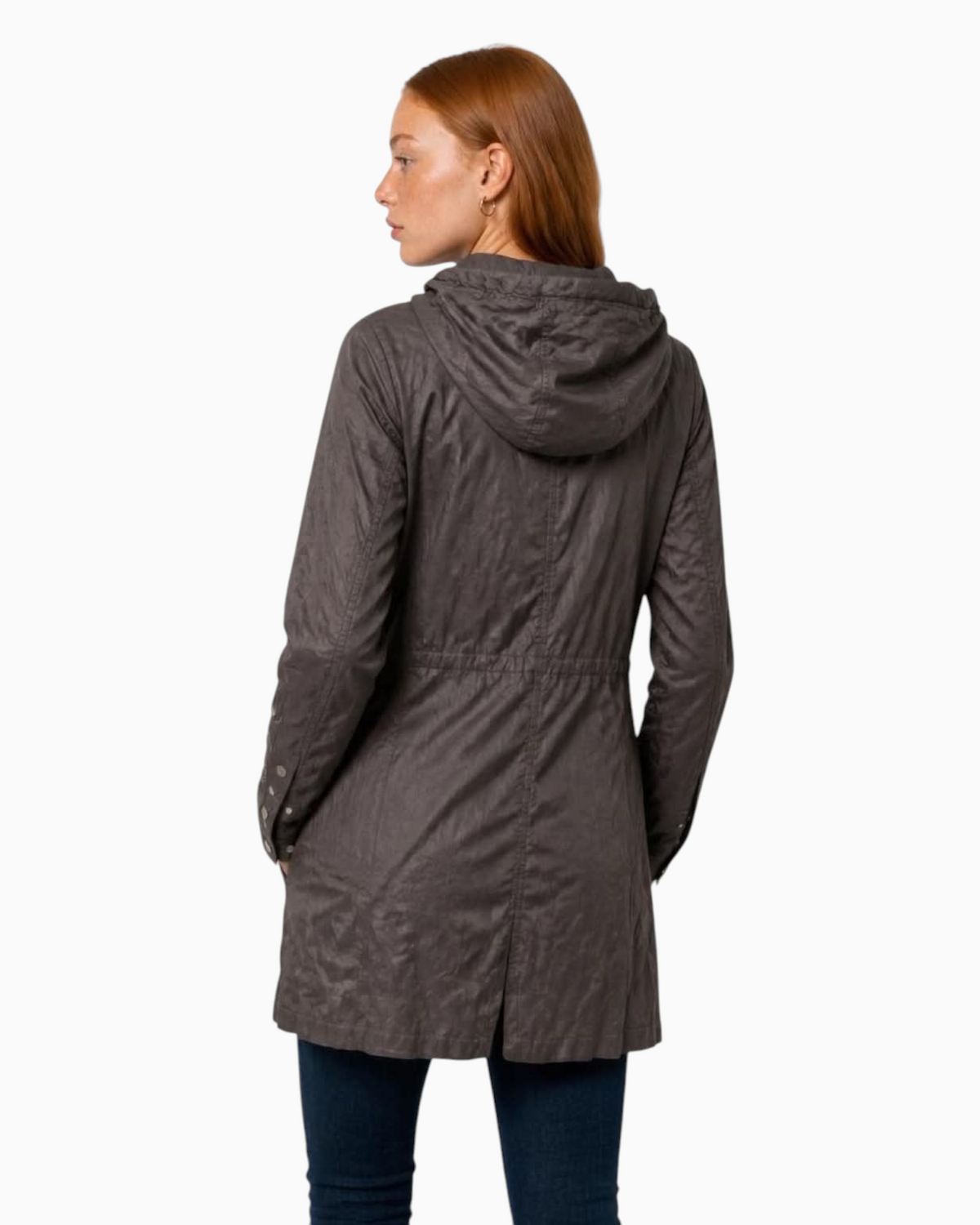 Thrift N Gift dark grey lightweight hooded utility parka with drawstring waist and button cuffs, back view