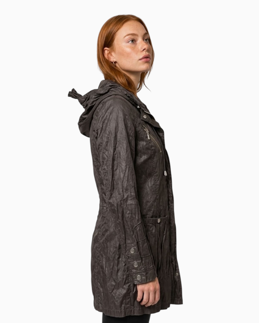 Thrift N Gift dark grey lightweight hooded utility jacket with a crinkled texture and drawstring waist on a model