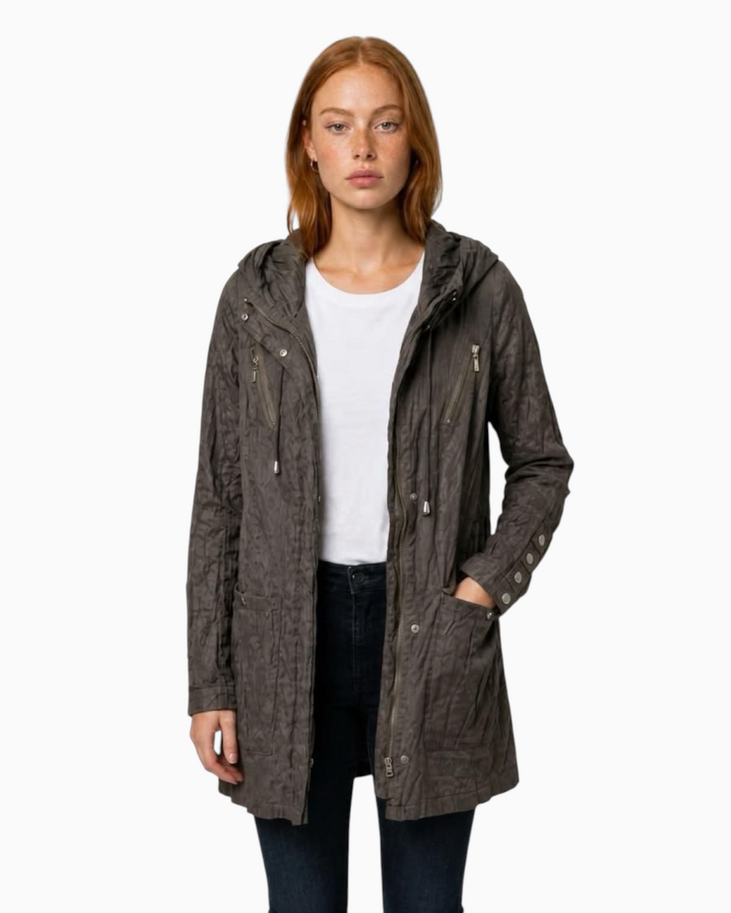 Thrift N Gift dark grey lightweight hooded utility parka with a textured finish, drawstring waist, and zip pockets.