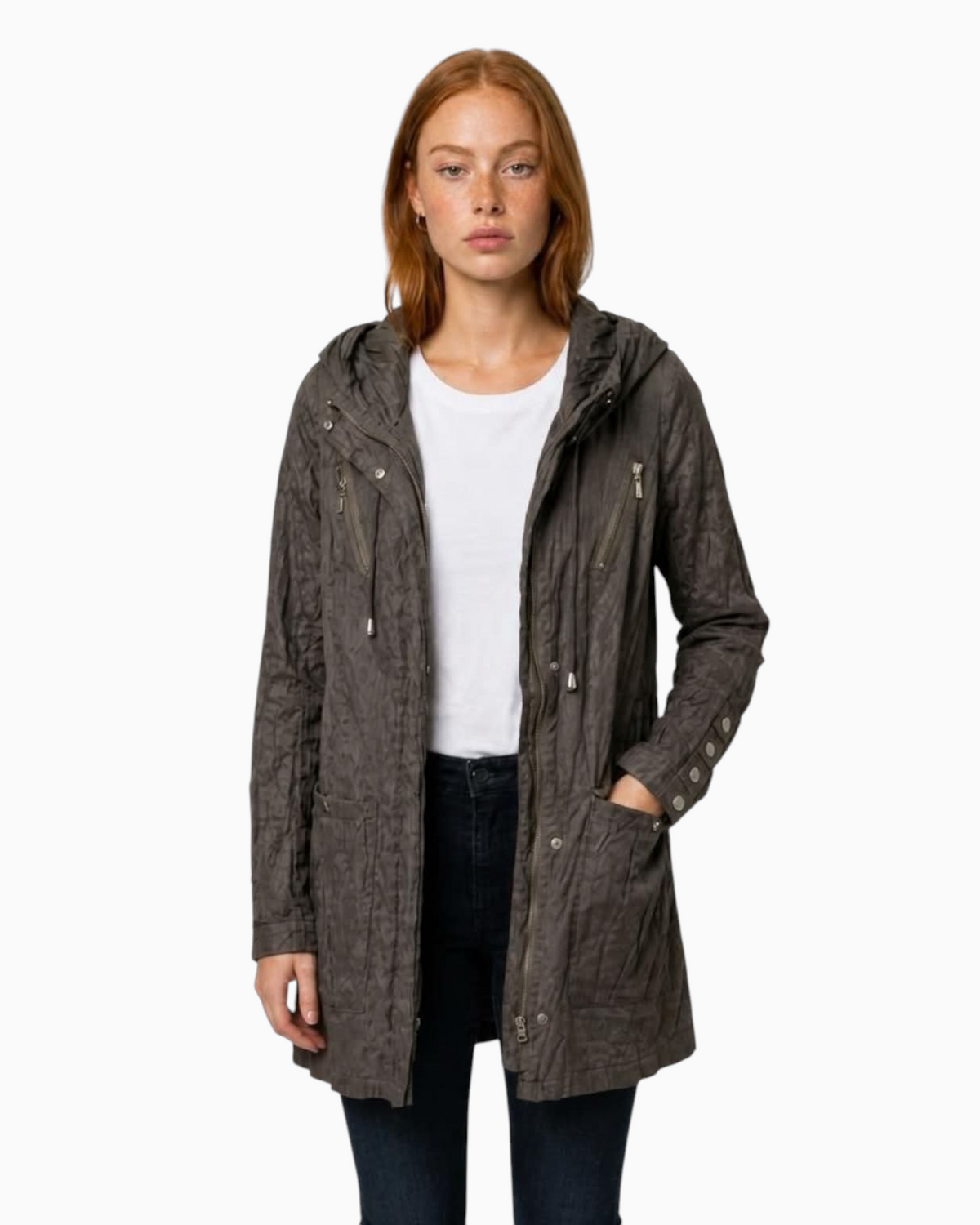 Thrift N Gift dark grey lightweight hooded utility parka with a textured finish, drawstring waist, and zip pockets.