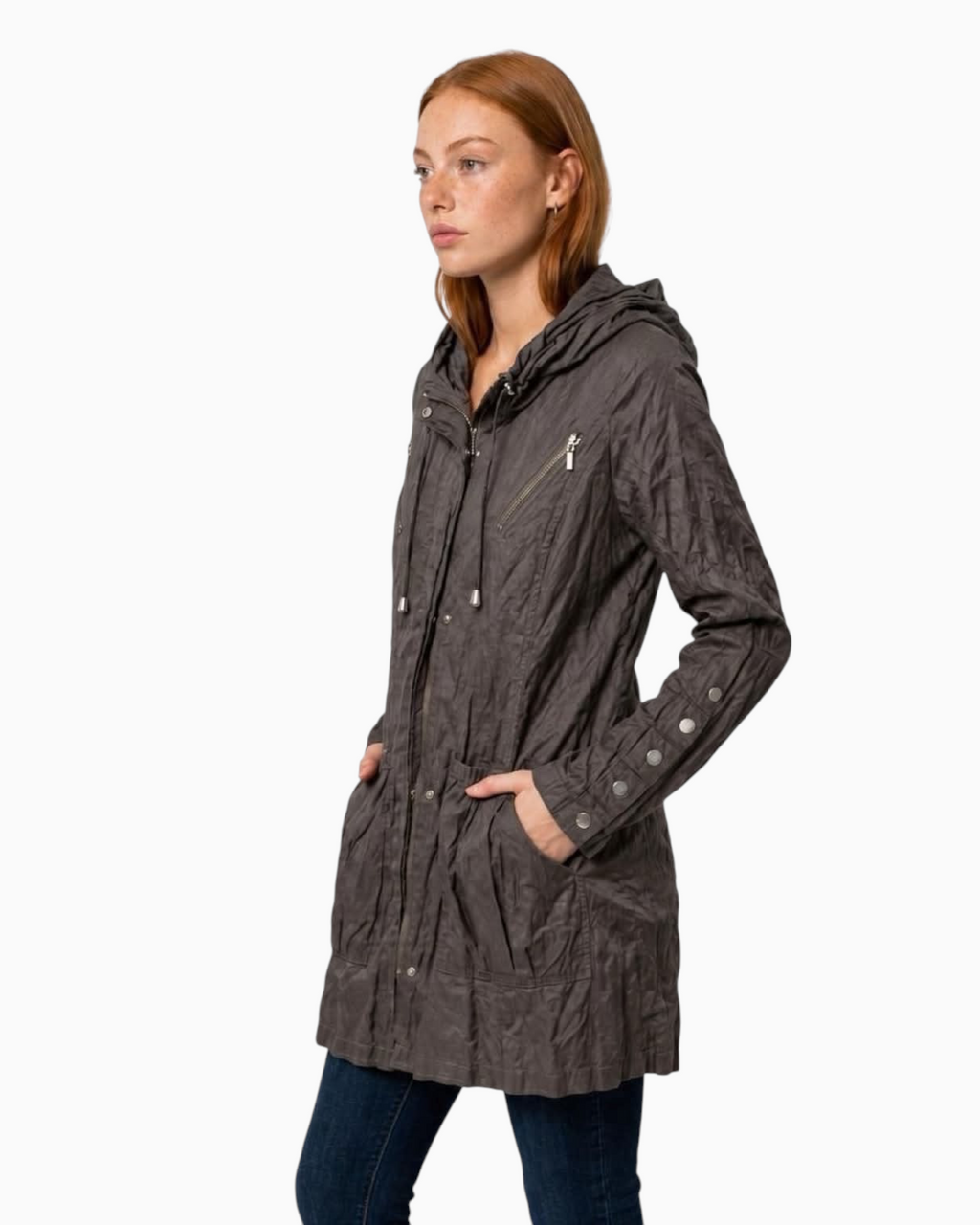 Thrift N Gift dark grey lightweight hooded utility parka with drawstring waist, zip pockets, and button-cuff details.