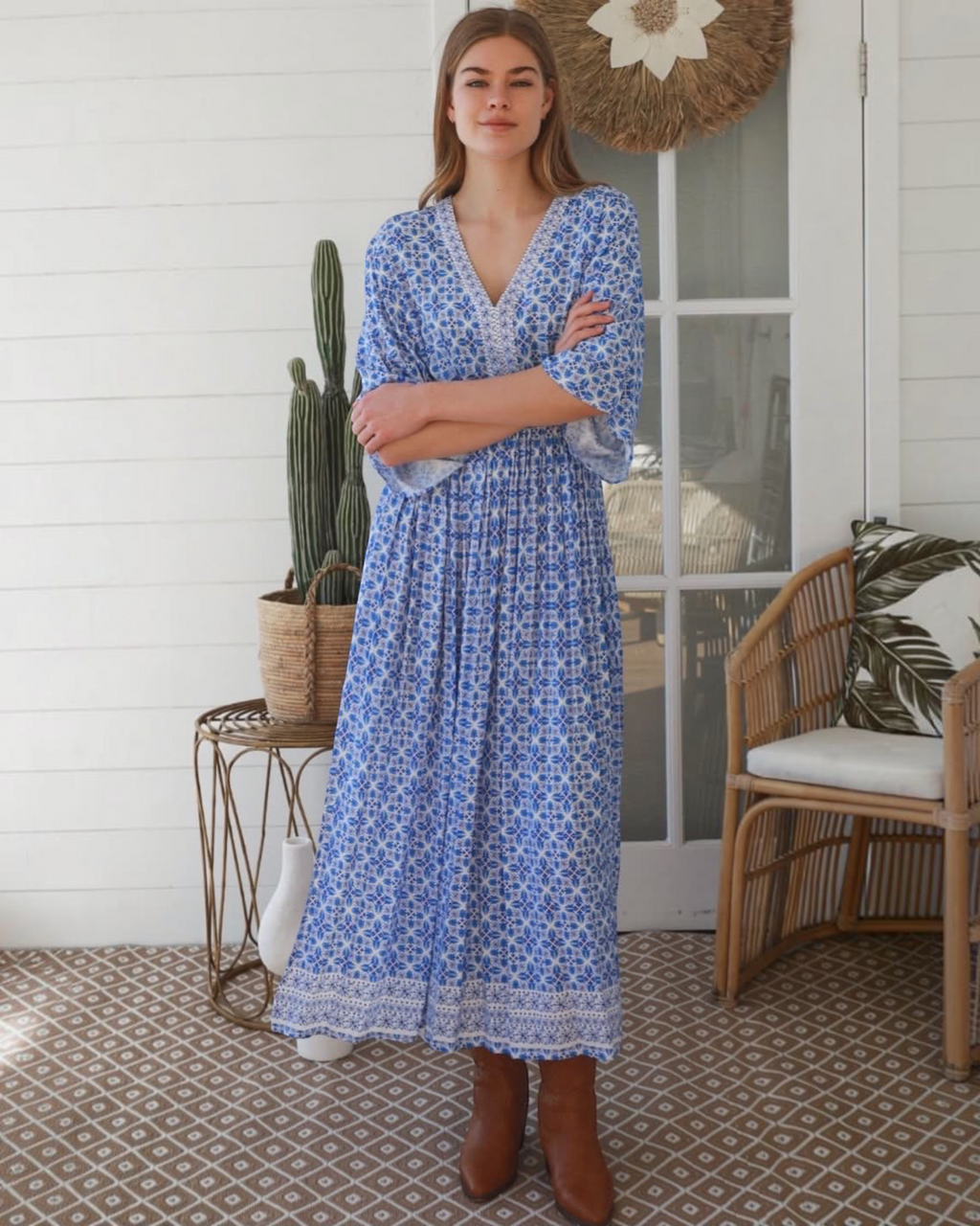 Thrift N Gift Dreamcatcher Micah bohemian maxi dress in blue and white geometric print with lace trim and wide sleeves