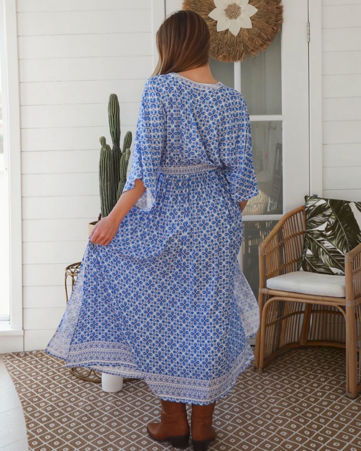 Thrift N Gift Dreamcatcher Micah bohemian maxi dress in blue and white geometric print with lace trim and wide sleeves