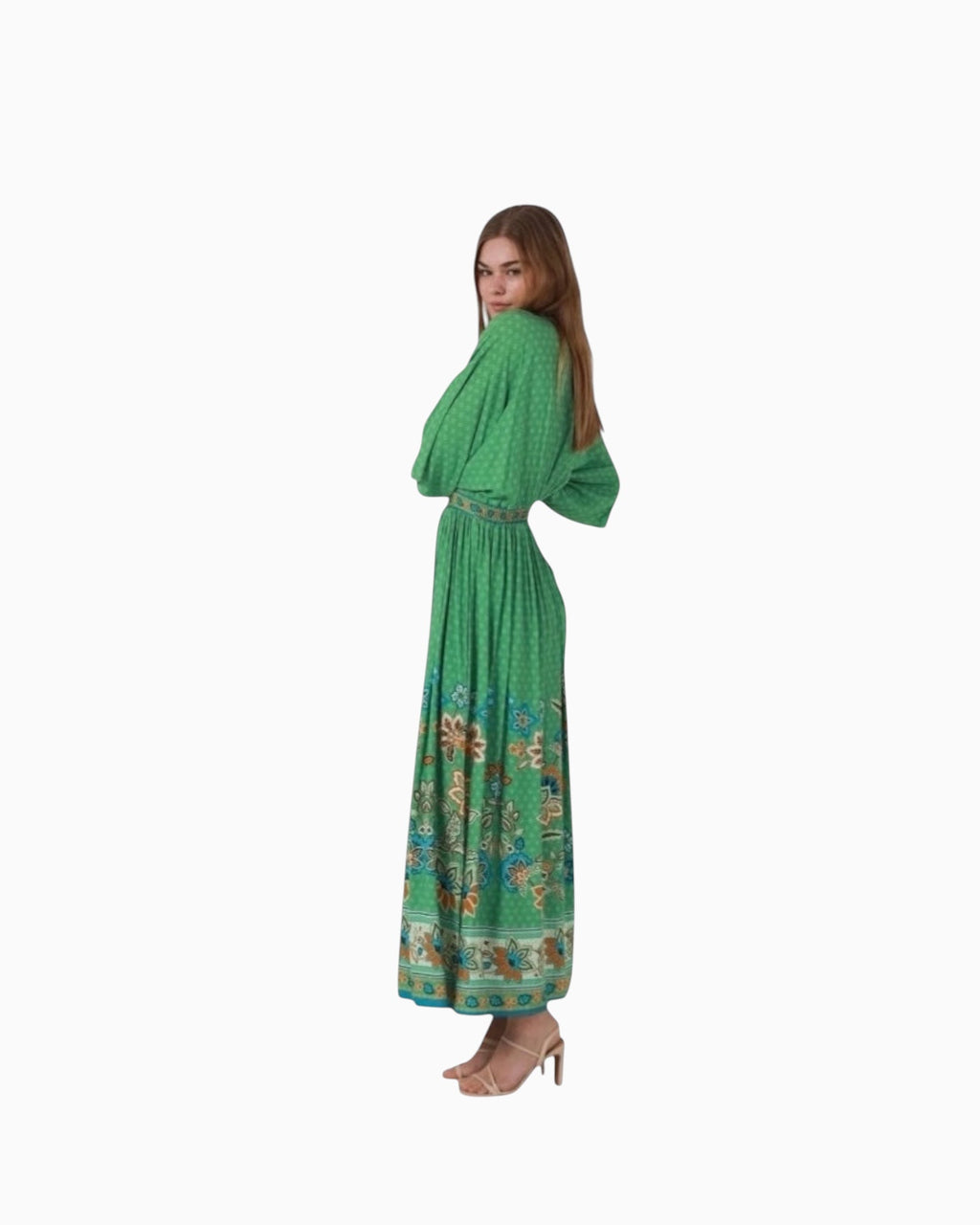 Thrift N Gift Dreamcatcher green paisley boho maxi dress with V-neckline worn by a model on a white background