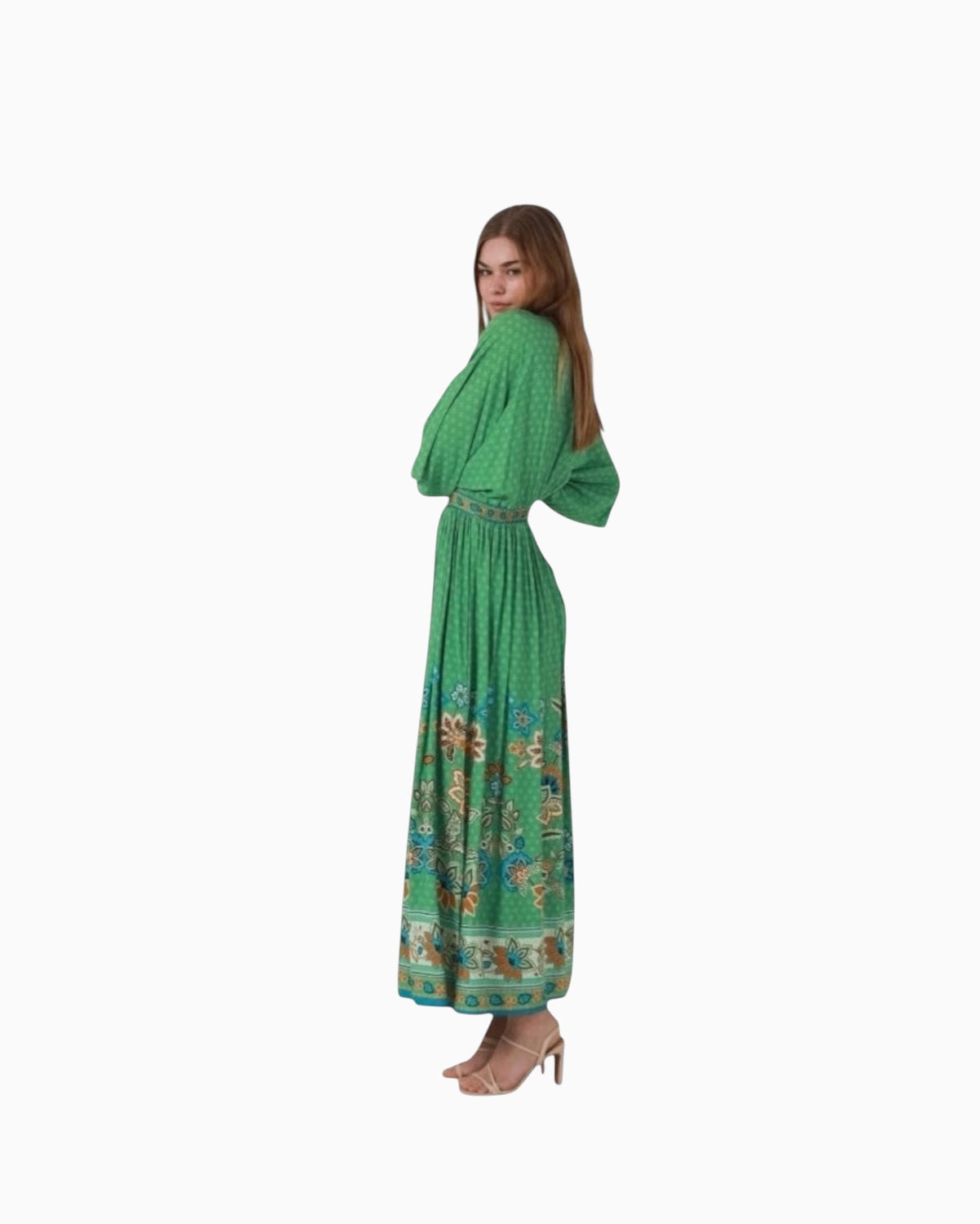 Thrift N Gift Dreamcatcher green paisley boho maxi dress with V-neckline worn by a model on a white background