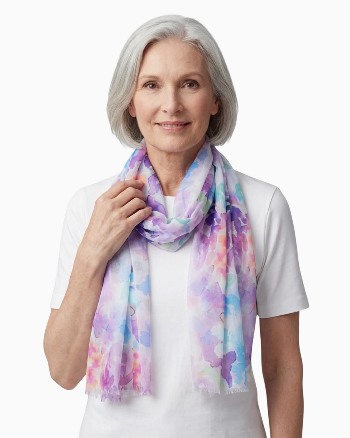 Thrift N Gift Enhance lightweight lilac floral polyester scarf worn by a woman with a white t-shirt