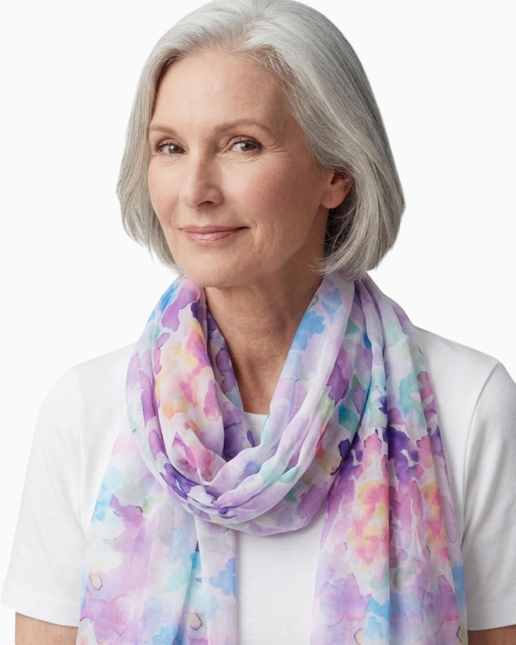 Thrift N Gift Enhance lightweight lilac and multi-coloured floral polyester scarf worn by a woman