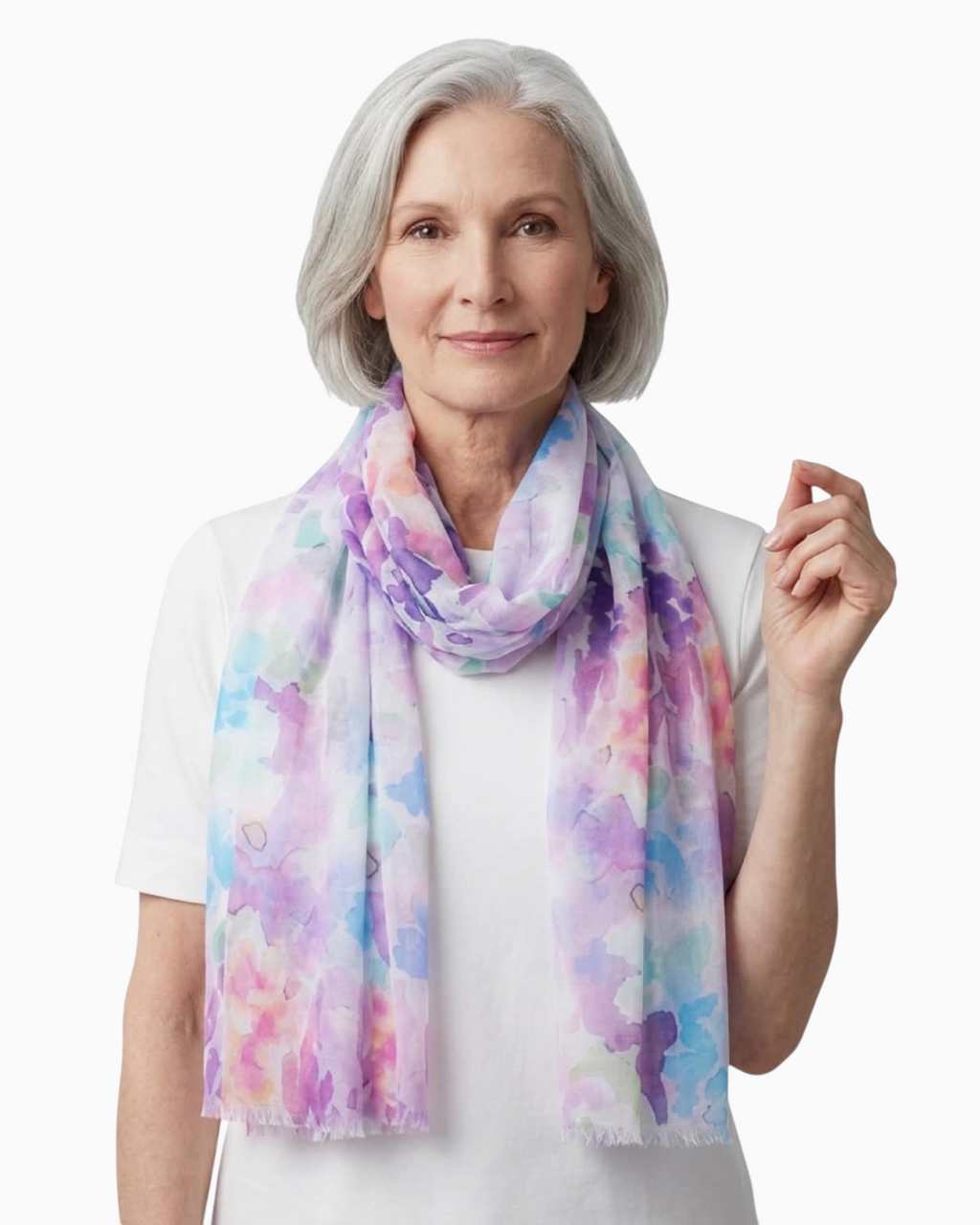 Thrift N Gift Enhance lightweight lilac and multi-coloured floral polyester fashion scarf worn by a woman