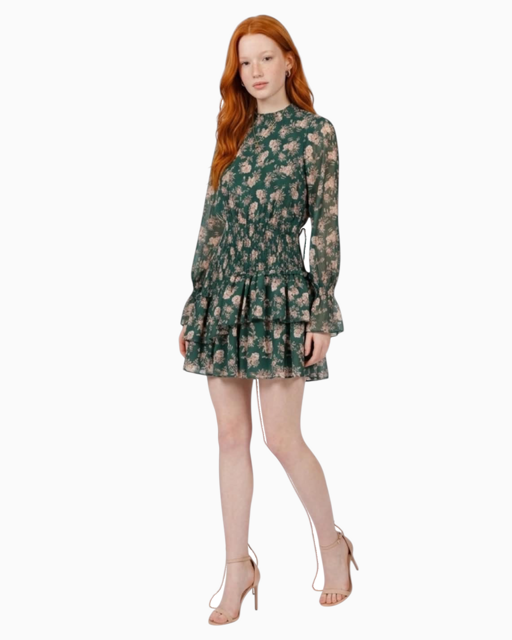 Thrift N Gift forest green floral chiffon mini dress with long sleeves, smocked waist, and tiered ruffled skirt.