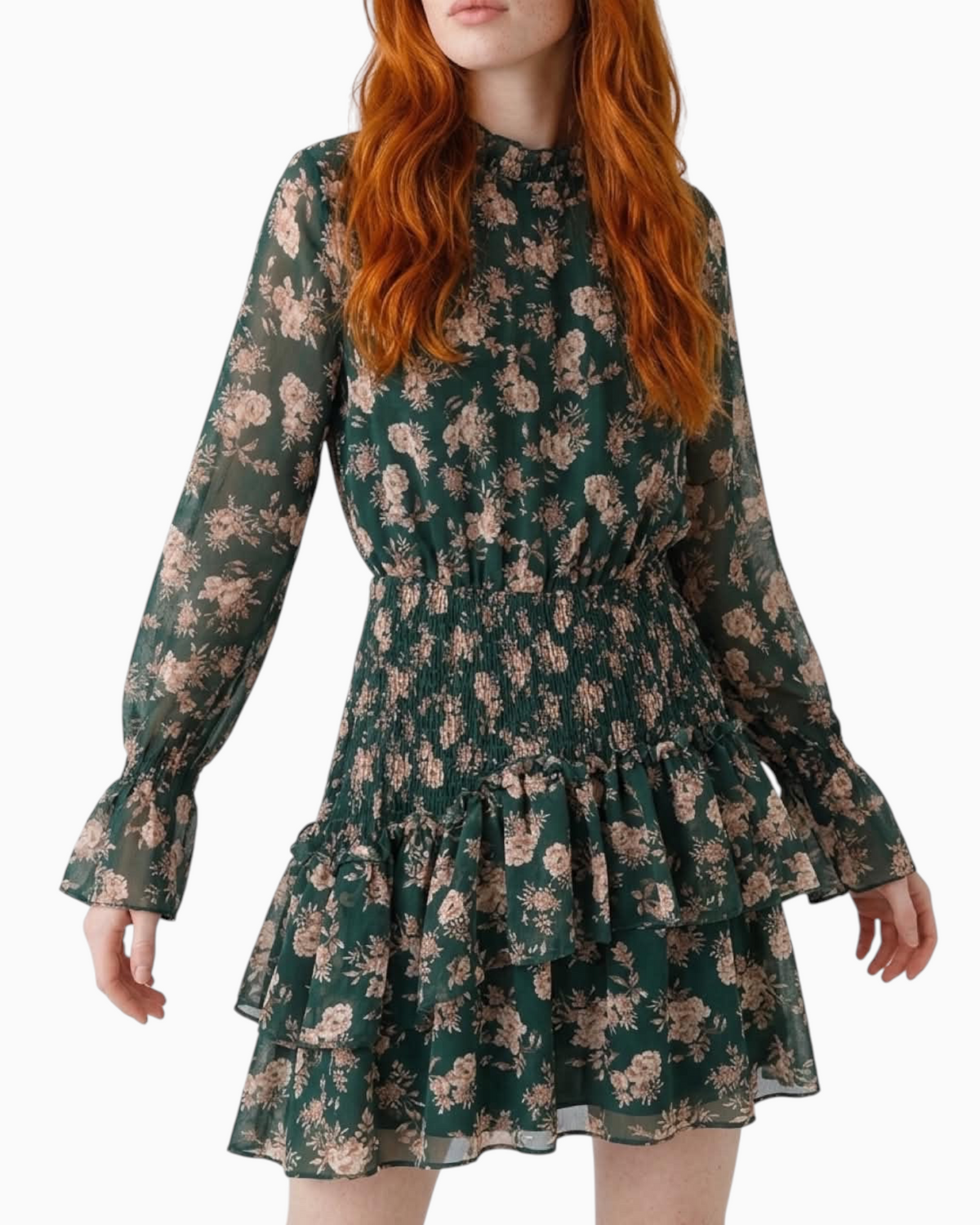 Thrift N Gift forest green chiffon mini dress with blush floral print, high neck, long sleeves, and ruffled skirt.